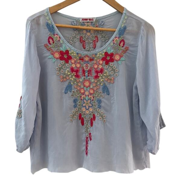 Johnny Was Embroidered Cupra Rayon 3/4 Sleeve Tunic Blouse Blue Size Medium - Picture 1 of 10
